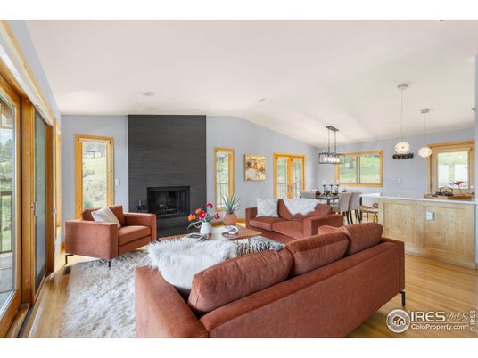 Dining room, Fireplace, Interior, Living room, Pendant Lights, Recessed Lighting, Wood Texture Flooring