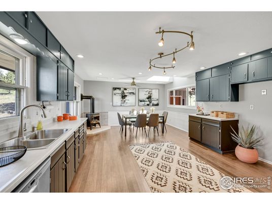 Dining room, Interior, Kitchen, Recessed Lighting, Wood Texture Flooring