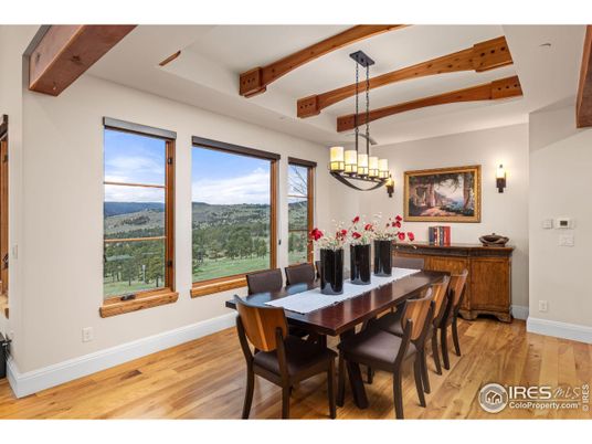 Chandelier, Dining room, Interior, Pendant Lights, Wooden Beams, Wood Texture Flooring