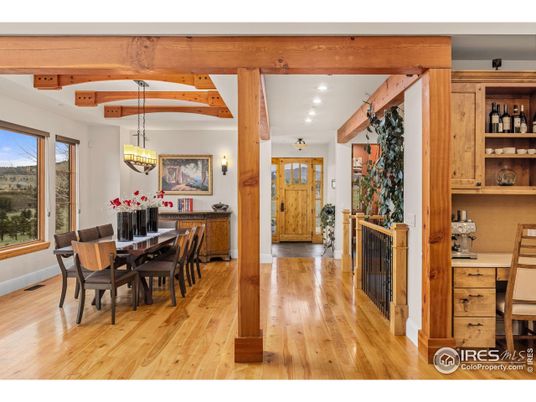 Dining room, Interior, Pendant Lights, Recessed Lighting, Wooden Beams, Wood Texture Flooring