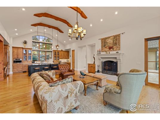Chandelier, Fireplace, Interior, Kitchen, Living room, Pendant Lights, Recessed Lighting, Stainless Steel Appliances, Wood Texture Flooring