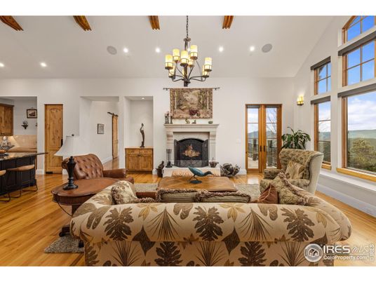 Chandelier, Fireplace, Interior, Living room, Recessed Lighting, Wooden Beams, Wood Texture Flooring