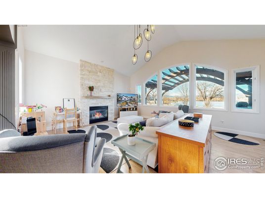 Fireplace, Interior, Living room, Pendant Lights, Stone Walls, Wood Texture Flooring