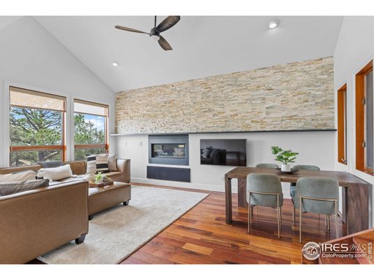 Dining room, Interior, Living room, Recessed Lighting, Stone Walls, Wood Texture Flooring