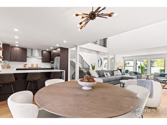 Dining room, Interior, Kitchen, Living room, Pendant Lights, Recessed Lighting, Stainless Steel Appliances, Wood Texture Flooring