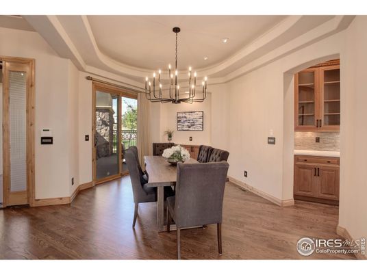 Chandelier, Dining room, Interior, Pendant Lights, Recessed Lighting, Wood Texture Flooring