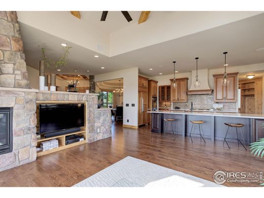 Fireplace, Interior, Kitchen, Pendant Lights, Recessed Lighting, Stone Walls, Wooden Beams, Wood Texture Flooring