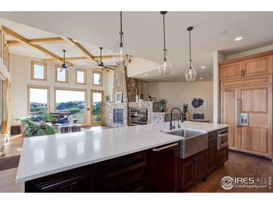 Fireplace, Interior, Kitchen, Pendant Lights, Recessed Lighting, Wood Texture Flooring