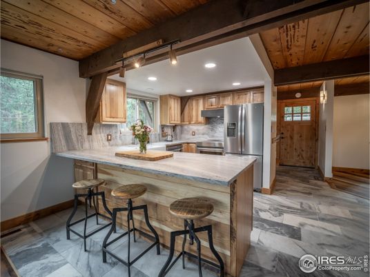 Interior, Kitchen, Marble, Recessed Lighting, Stainless Steel Appliances, Wooden Beams, Wooden Ceilings, Wood Texture Flooring