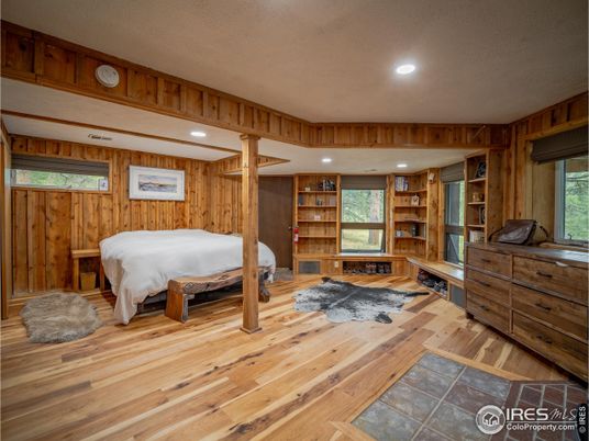 Bedroom, Interior, Recessed Lighting, Wood Texture Flooring, Wooden Walls