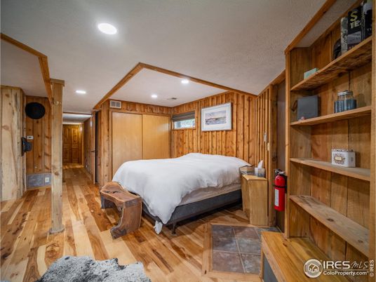 Bedroom, Interior, Recessed Lighting, Wood Texture Flooring, Wooden Walls