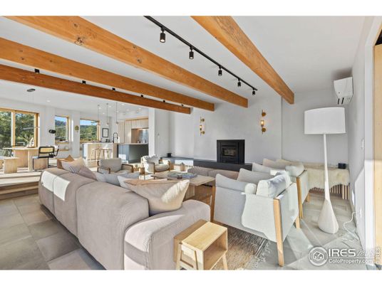Dining room, Fireplace, Interior, Kitchen, Living room, Pendant Lights, Wooden Beams