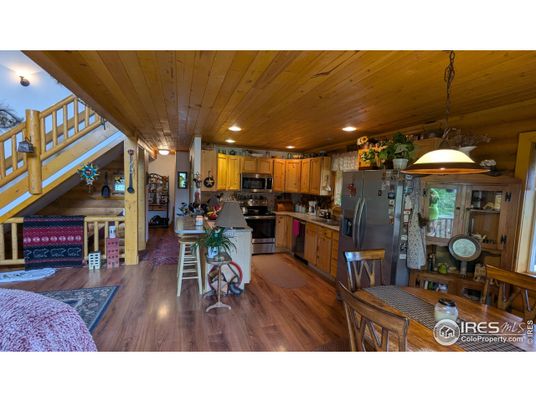 Interior, Kitchen, Pendant Lights, Recessed Lighting, Stainless Steel Appliances, Wooden Ceilings, Wood Texture Flooring