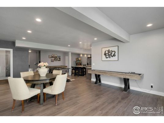 Dining room, Interior, Pendant Lights, Recessed Lighting, Wood Texture Flooring