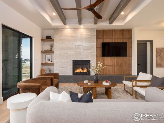 Fireplace, Interior, Living room, Recessed Lighting, Stone Walls, Wooden Beams, Wood Texture Flooring