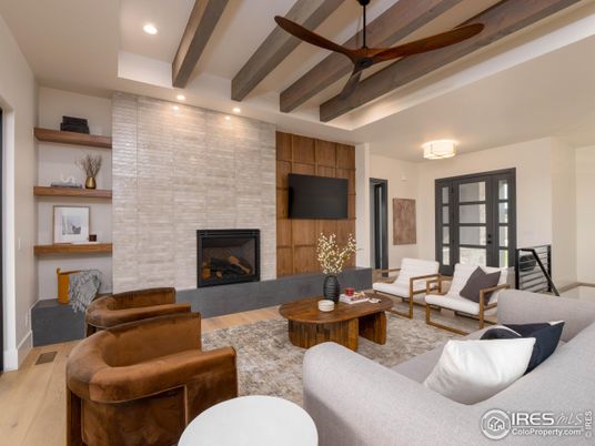 Fireplace, Interior, Living room, Recessed Lighting, Stone Walls, Wooden Beams, Wood Texture Flooring