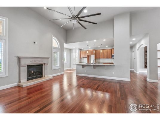 Fireplace, Interior, Kitchen, Pendant Lights, Recessed Lighting, Wood Texture Flooring