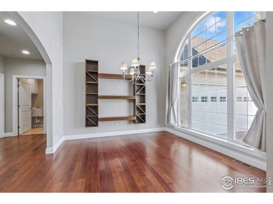 Chandelier, Empty room, Interior, Recessed Lighting, Wood Texture Flooring