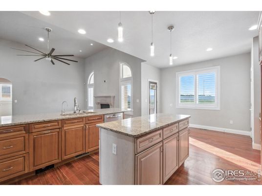 Fireplace, Interior, Kitchen, Pendant Lights, Recessed Lighting, Wood Texture Flooring