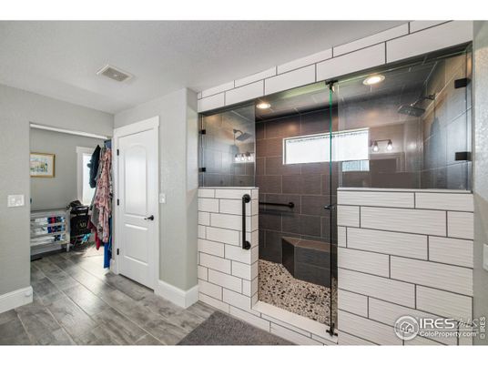 Bathroom, Glass Shower, Interior, Recessed Lighting, Wood Texture Flooring