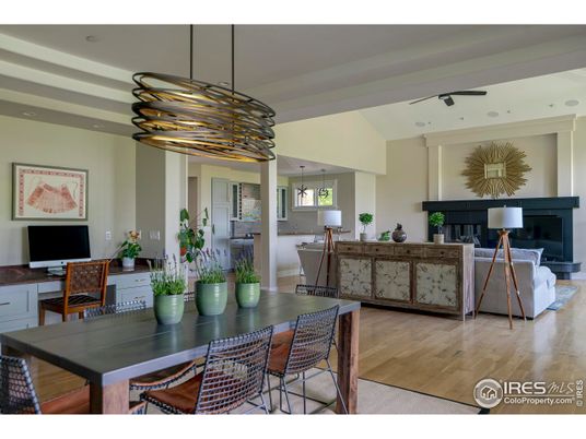 Dining room, Fireplace, Interior, Living room, Pendant Lights, Piano, Recessed Lighting, Wood Texture Flooring