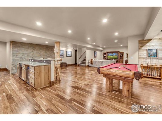 Billiard Table, Game Room, Interior, Kitchen, Recessed Lighting, Stone Walls, Wood Texture Flooring