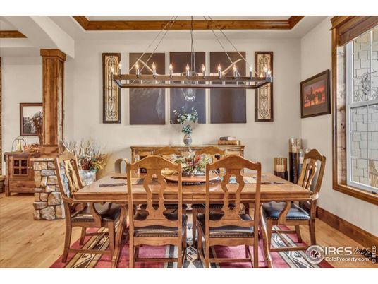 Chandelier, Dining room, Interior, Wood Texture Flooring