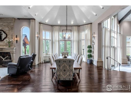 Dining room, Fireplace, Interior, Pendant Lights, Recessed Lighting, Wood Texture Flooring