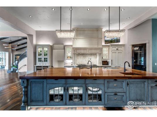 Chandelier, Interior, Kitchen, Pendant Lights, Recessed Lighting, Stainless Steel Appliances, Wood Texture Flooring