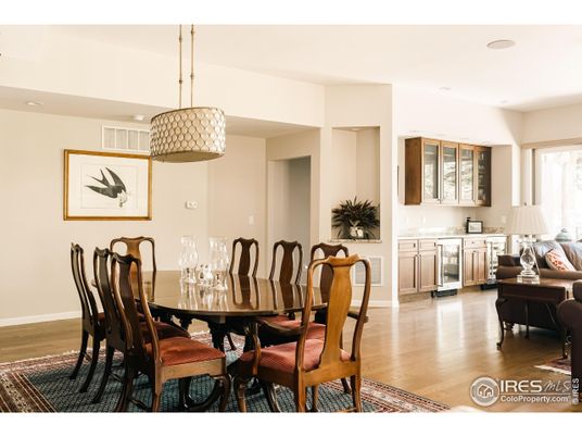 Dining room, Interior, Pendant Lights, Recessed Lighting, Wood Texture Flooring