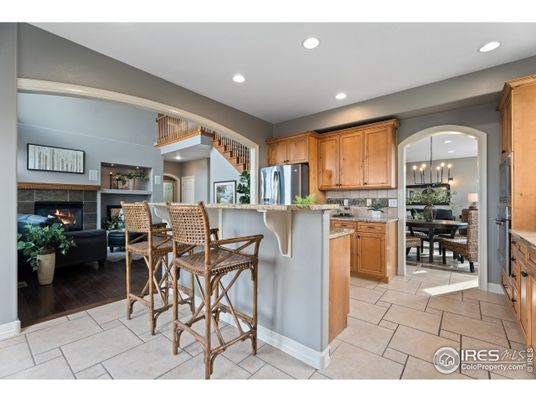 Dining room, Fireplace, Interior, Kitchen, Living room, Pendant Lights, Recessed Lighting, Wood Texture Flooring