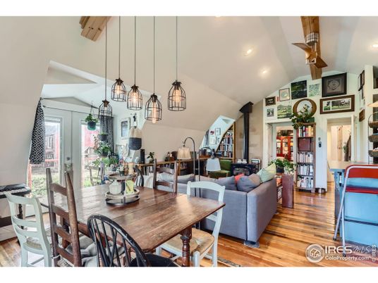 Dining room, Interior, Living room, Pendant Lights, Recessed Lighting, Wooden Beams, Wood Texture Flooring