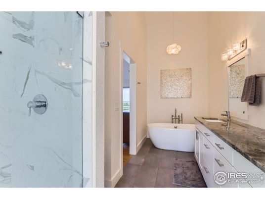 Bathroom, Free Standing Baths, Glass Shower, Interior, Marble Walls, Wood Texture Flooring