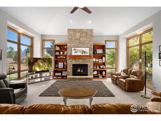 Fireplace, Interior, Living room, Recessed Lighting, Stone Walls