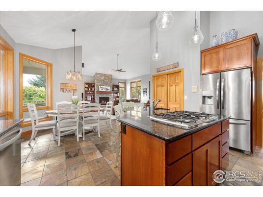 Dining room, Fireplace, Interior, Kitchen, Living room, Pendant Lights, Stainless Steel Appliances, Stone Walls