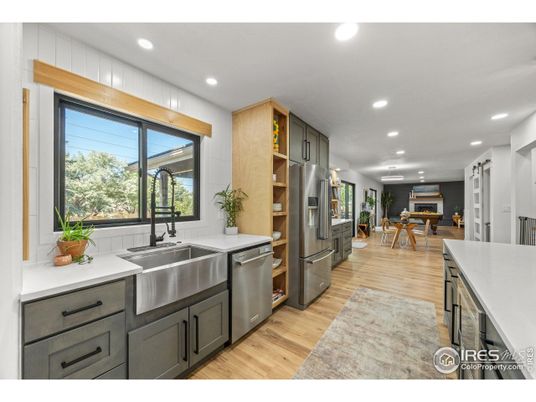 Dining room, Interior, Kitchen, Recessed Lighting, Stainless Steel Appliances, Wood Texture Flooring