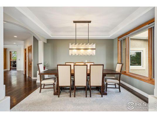 Dining room, Interior, Pendant Lights, Recessed Lighting, Wood Texture Flooring