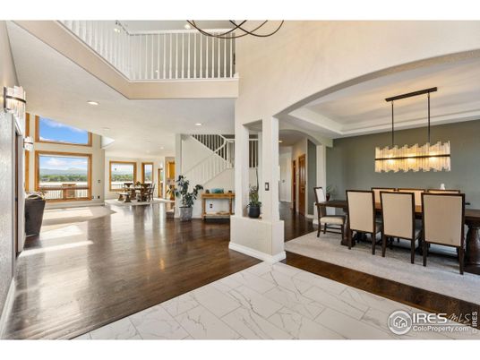 Chandelier, Dining room, Interior, Marble, Pendant Lights, Recessed Lighting, Wood Texture Flooring