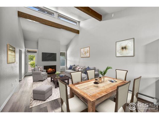 Dining room, Fireplace, Interior, Living room, Wooden Beams, Wood Texture Flooring