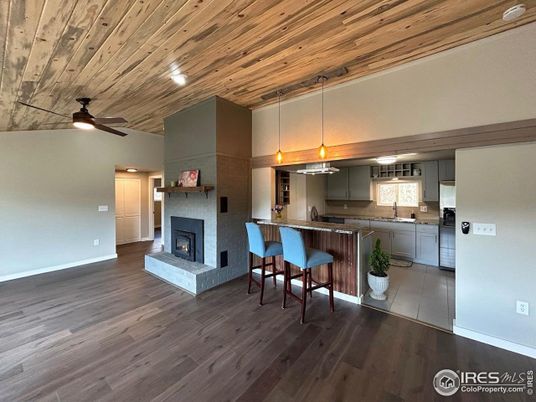 Fireplace, Interior, Kitchen, Pendant Lights, Wooden Ceilings, Wood Texture Flooring