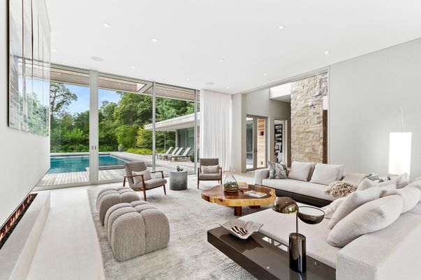 Interior, Living room, Recessed Lighting, Stone Walls
