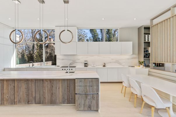 Interior, Kitchen, Marble Walls, Pendant Lights, Recessed Lighting, Wood Texture Flooring