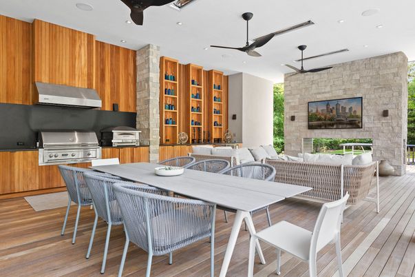 Dining room, Exterior, Recessed Lighting, Stone Walls, Wood Texture Flooring