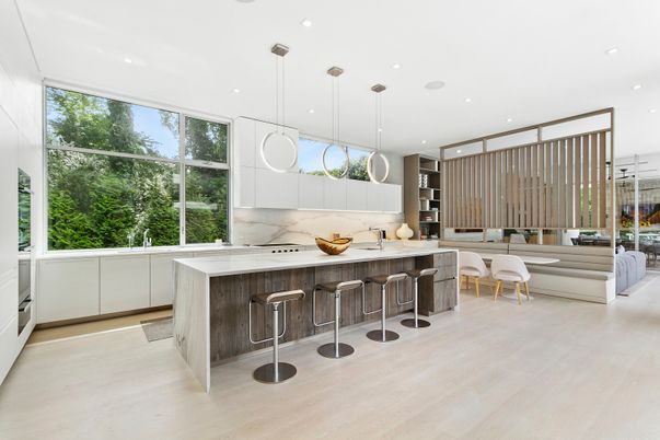 Interior, Kitchen, Marble Walls, Pendant Lights, Recessed Lighting
