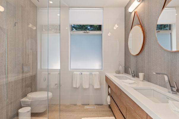 Bathroom, Dual Sink Vanities, Glass Shower, Interior, Recessed Lighting, Wood Texture Flooring