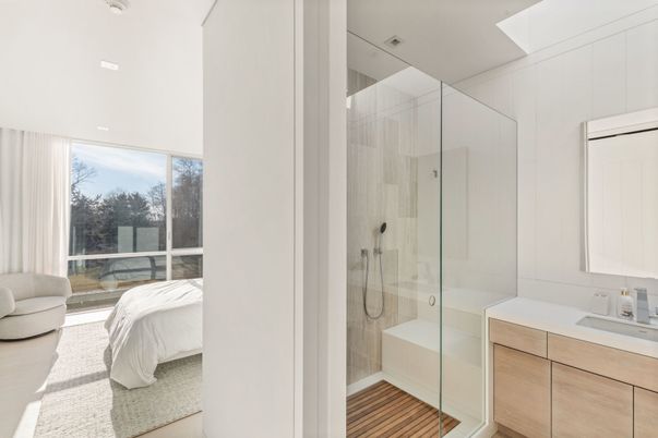Bathroom, Bedroom, Glass Shower, Interior, Recessed Lighting, Wood Texture Flooring