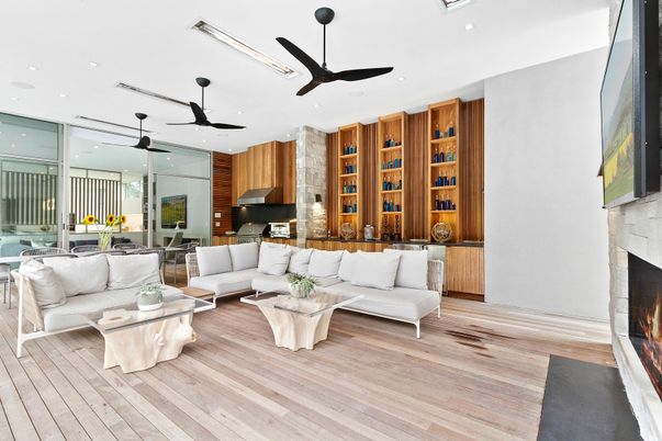 Dining room, Fireplace, Interior, Living room, Recessed Lighting, Wood Texture Flooring, Wooden Walls