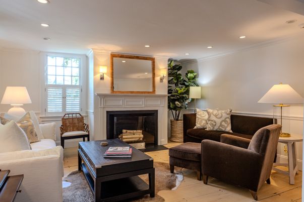 Fireplace, Interior, Living room, Recessed Lighting, Wood Texture Flooring
