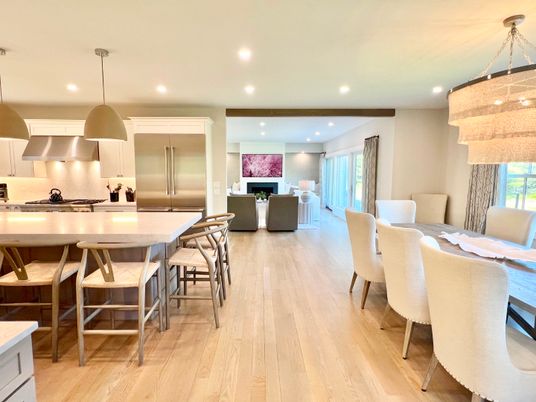 Dining room, Interior, Kitchen, Living room, Pendant Lights, Recessed Lighting, Stainless Steel Appliances, Wood Texture Flooring