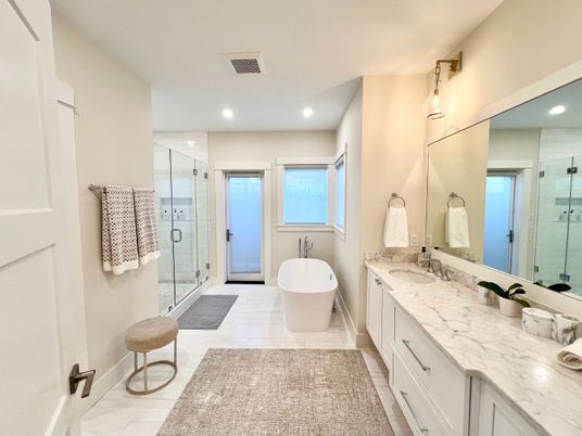 Bathroom, Dual Sink Vanities, Free Standing Baths, Glass Shower, Interior, Recessed Lighting